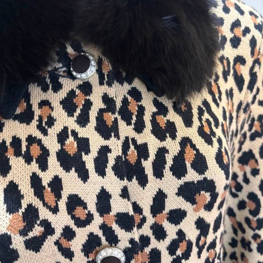St John leopard animal print wool coat fox fur 12 Large embellished long jacket - Picture 2 of 7